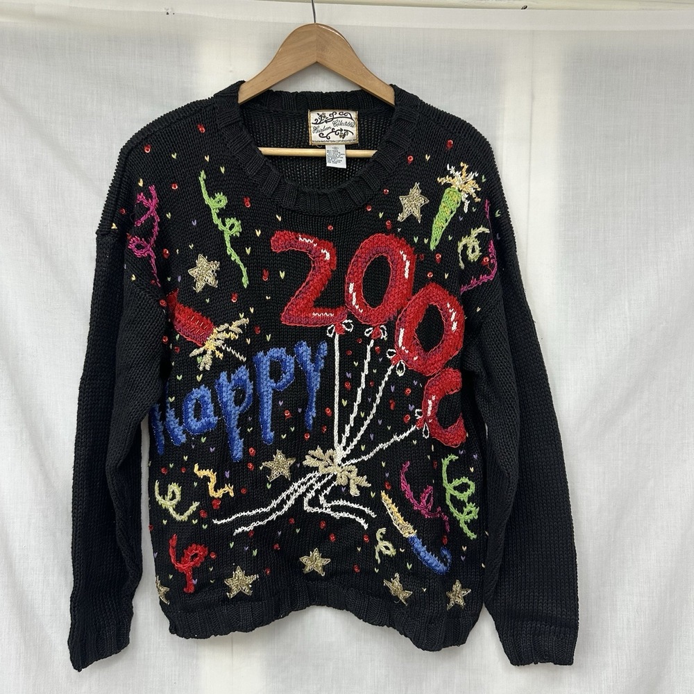 Heirloom Collectibles Y2k Sweater Womens Medium Black Red Vintage New‎ Year 2000